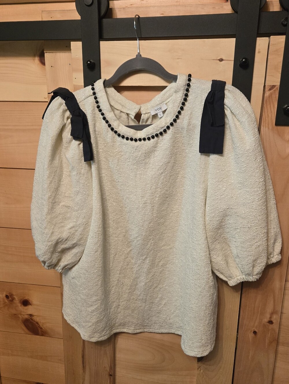 Bead Neckline Navy Bow Shoulders With Almost Puff Balloon 3/4 Sleeve